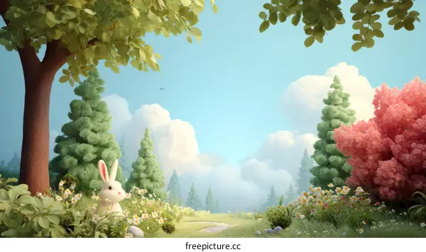 Cartoon Rabbit in a Spring Forest Scene