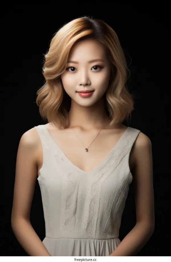A beautiful Asian woman with blonde hair and a white dress is smiling at the camera.