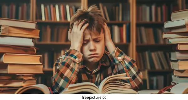 Stressed caucasian school boy studying in library
