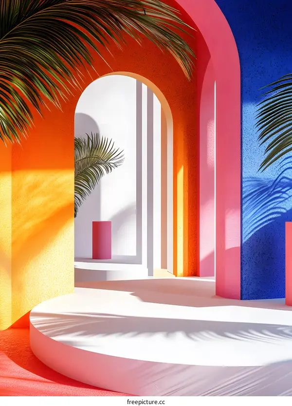 Colorful Abstract Arches and Palm Leaves Minimalist Illustration