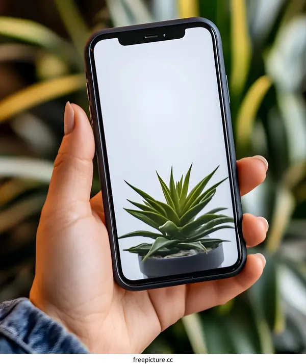 Hand Holding Smartphone Displaying a Succulent Plant