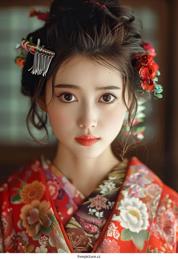 Portrait of a beautiful Asian woman in traditional Japanese kimono