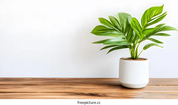 Green Plant in White Pot on Wooden Table with White Wall Background