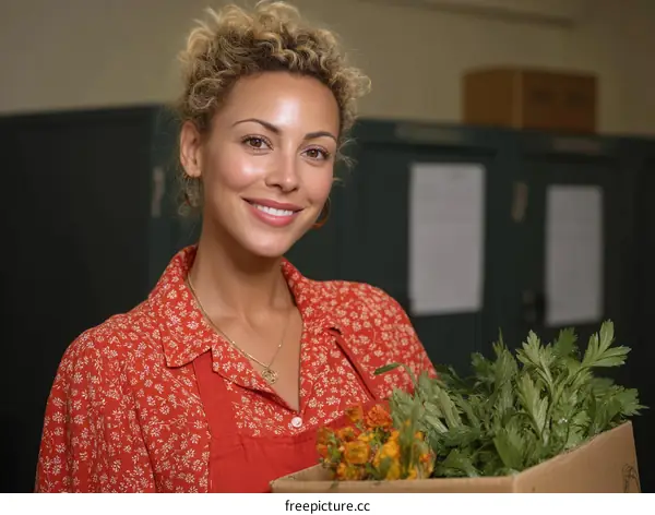 Woman Holding Produce Box Smiling Portrait