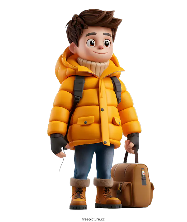 [Transparent Background PNG]3D illustration of a young boy wearing a yellow winter coat and blue jeans, carrying a brown suitcase