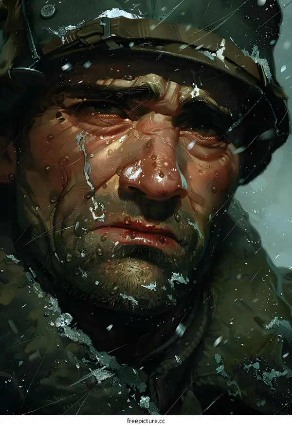Close-up of a soldiers face in the rain