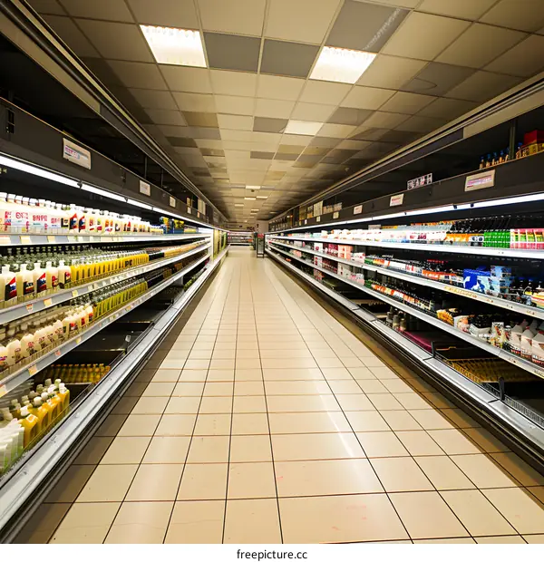 Empty Supermarket Aisle With Shelves Full Of Products