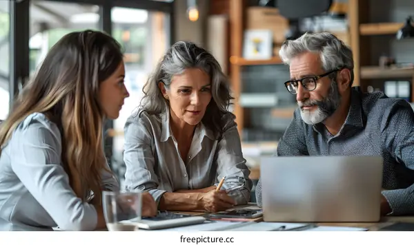 Three people in a meeting looking at a laptop
