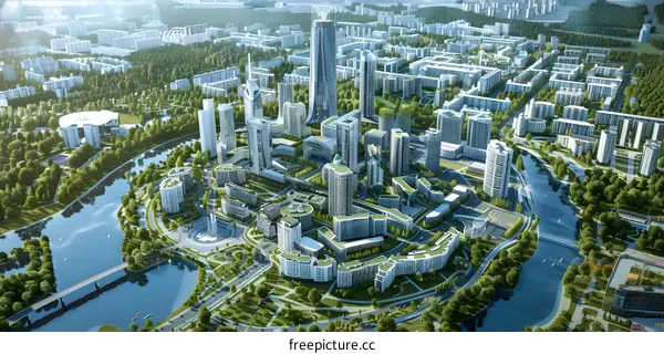 Modern Cityscape with River and Green Spaces