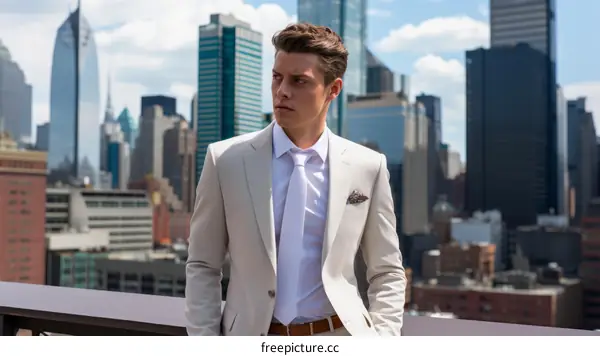 A young man in a suit standing on a rooftop in New York City