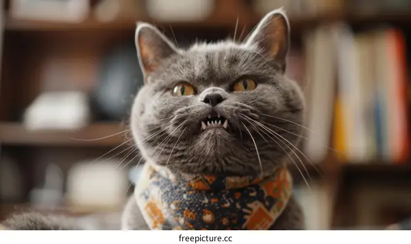 A gray cat wearing a scarf is looking at the camera with its mouth open and teeth showing