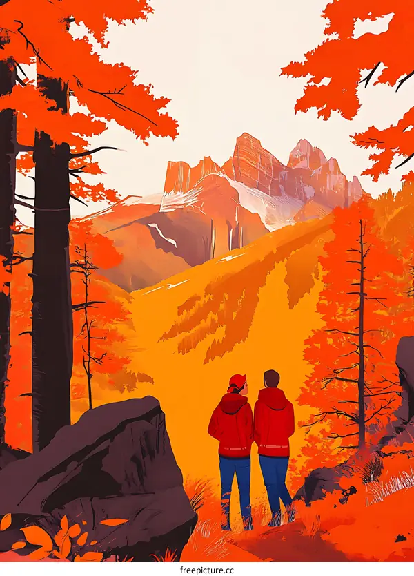 Two People Admire the Mountain View in Autumn