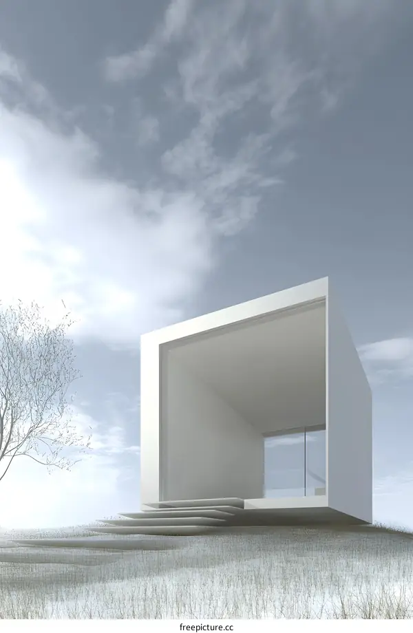 Minimalist White House with Glass Windows Under a Cloudy Sky