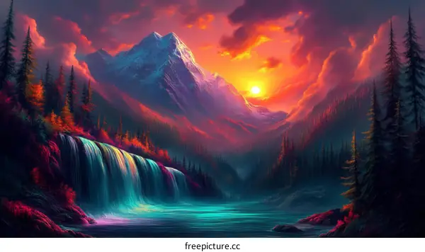 Colorful Mountain Waterfall Sunset Landscape Illustration