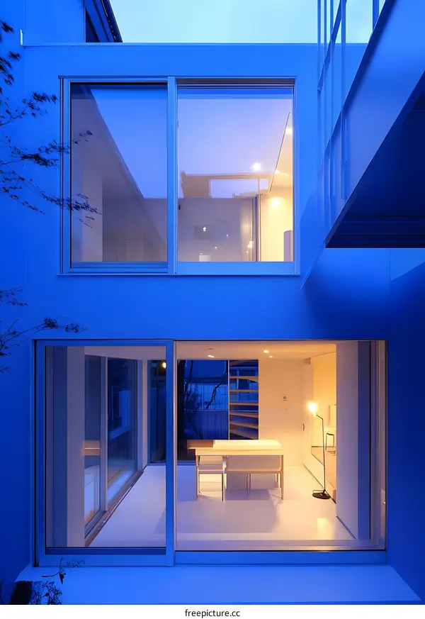 Modern Blue House with Large Windows and Interior View