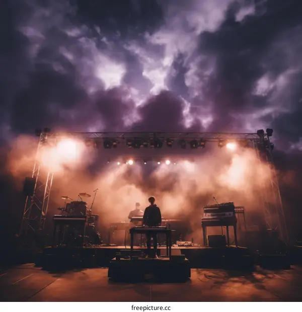 Two men performing electronic music on a stage with a dramatic sky in the background