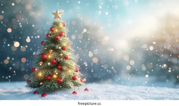 Christmas tree in the snow with a gold star on top