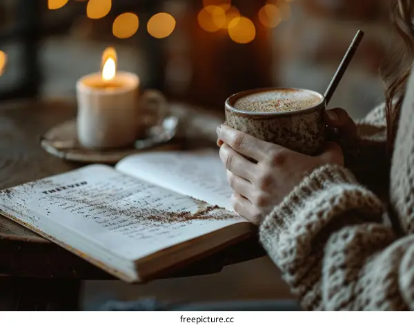 A woman is holding a cup of coffee and reading a book by candlelight.