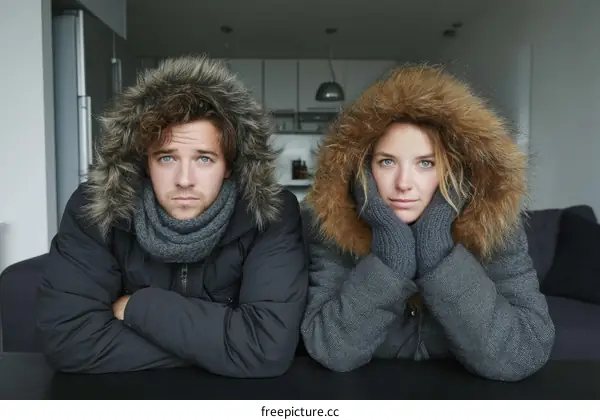 Two People Wearing Winter Coats Indoors