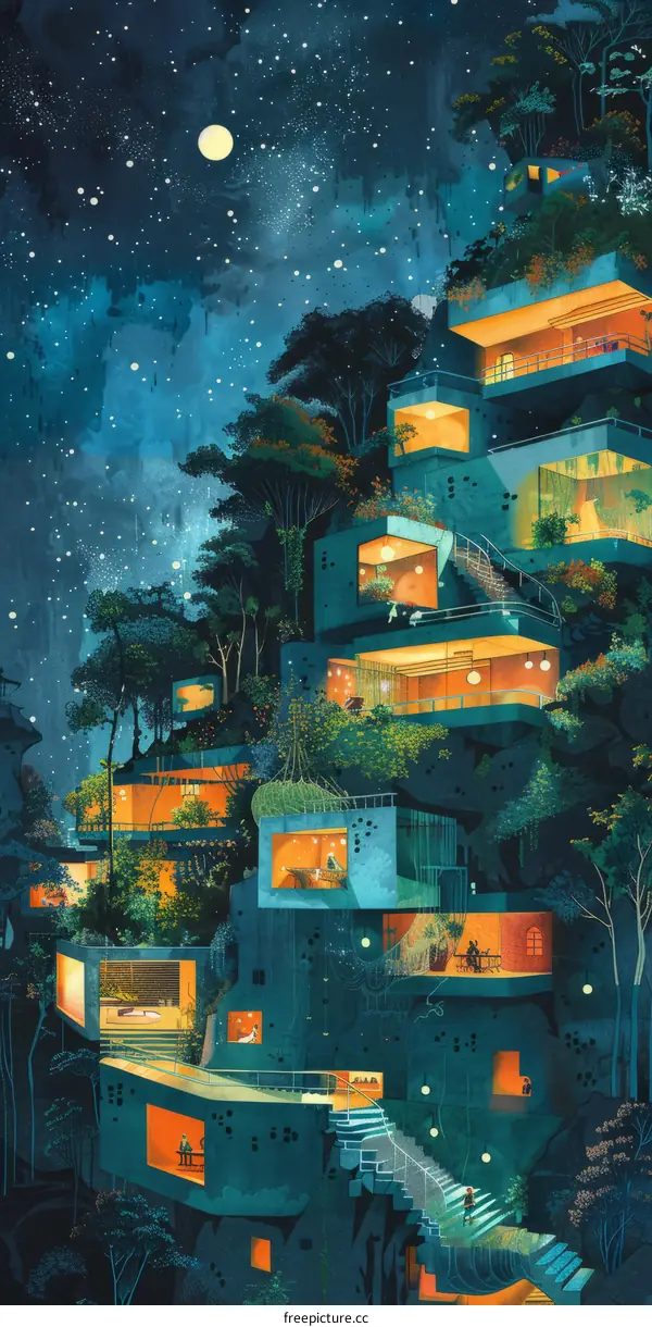 Futuristic city built on a mountainside with trees and greenery