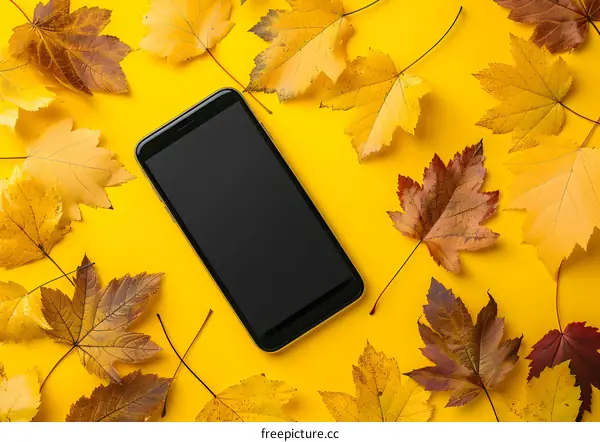 Black Smartphone with Autumn Leaves on Yellow Background