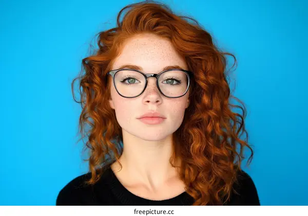 Close-up Portrait of a Woman with Red Curly Hair and Glasses against a Blue Background