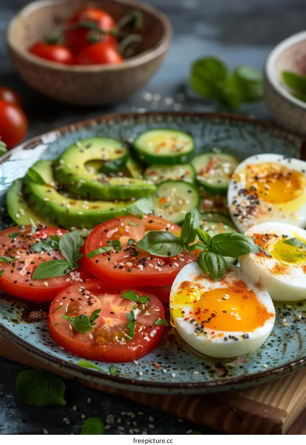Healthy breakfast with avocado, tomato, cucumber and boiled egg