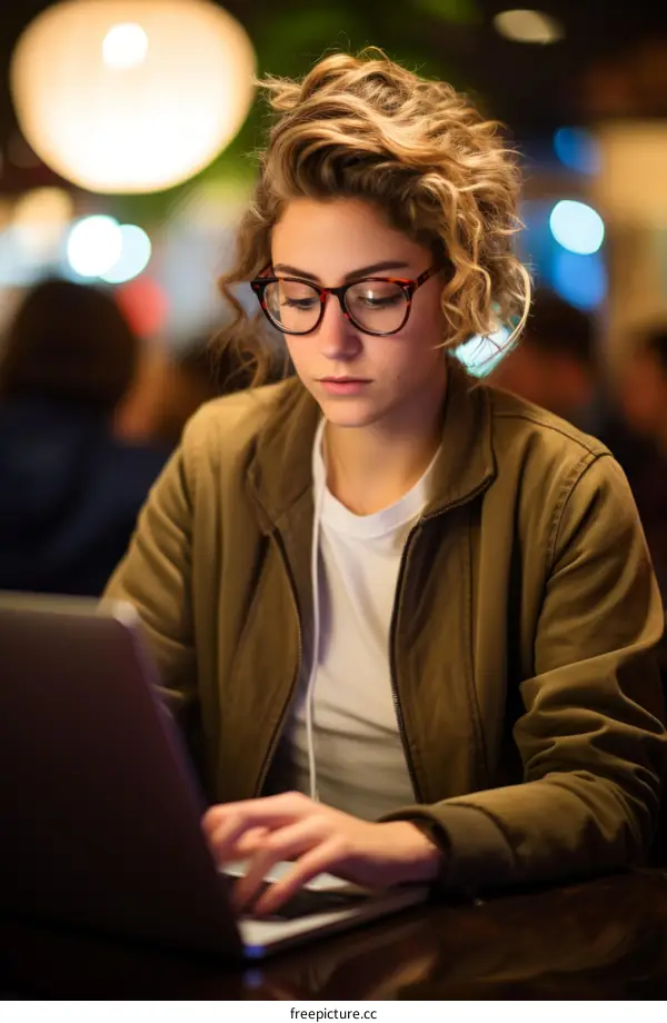 Young woman working on laptop in cafe