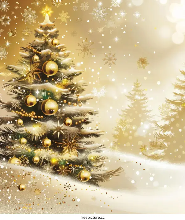 Ornate Christmas Tree with Golden Decorations and Snowy White Garland
