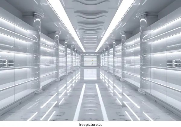 White Modern Hallway with Glass Shelves and Marble Floor