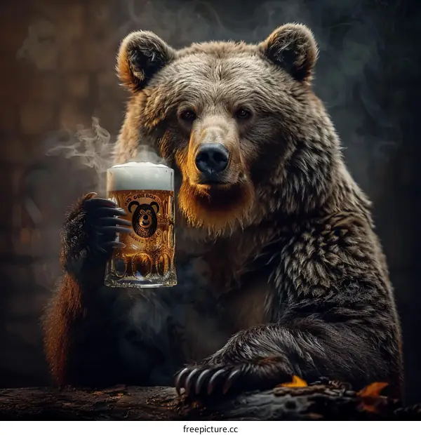 A bear is drinking a mug of beer in the forest