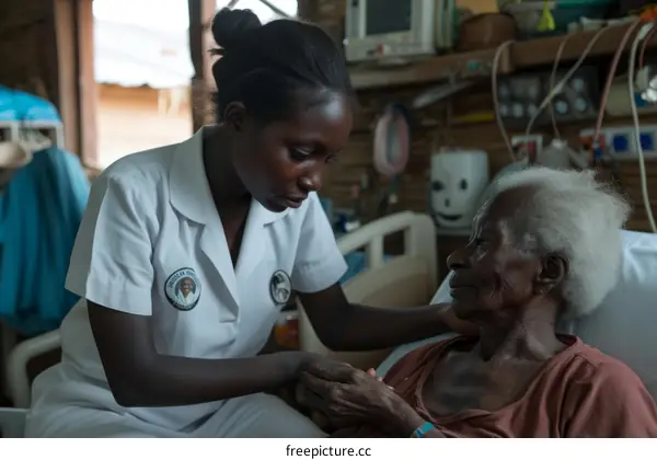 African healthcare worker comforts elderly patient