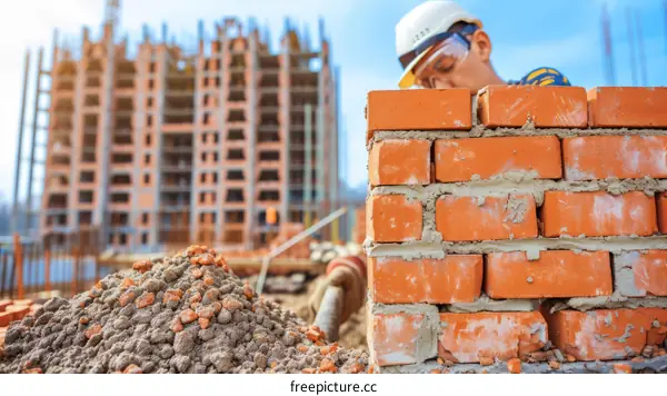 Construction worker laying bricks at a building site