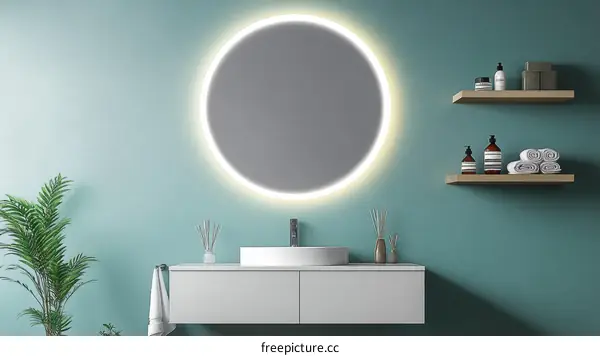 Modern Bathroom Interior with Round Mirror