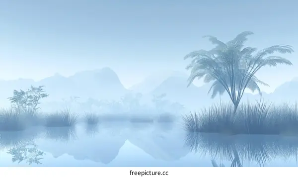 Misty Mountain Lake Landscape Illustration