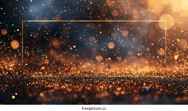 Golden glitter background with shiny particles and golden frame