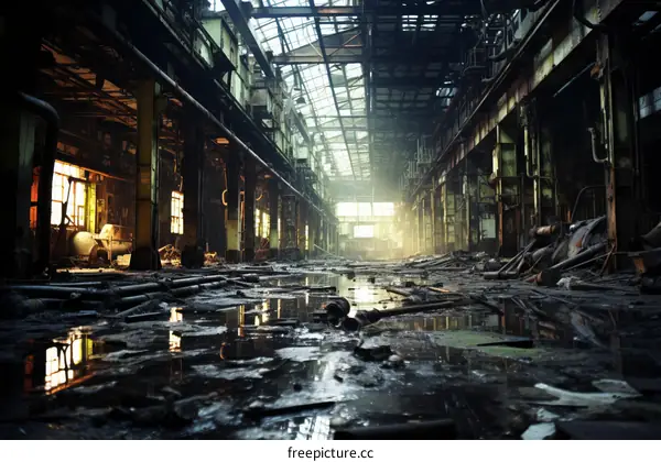 An abandoned factory building with broken windows and water on the floor