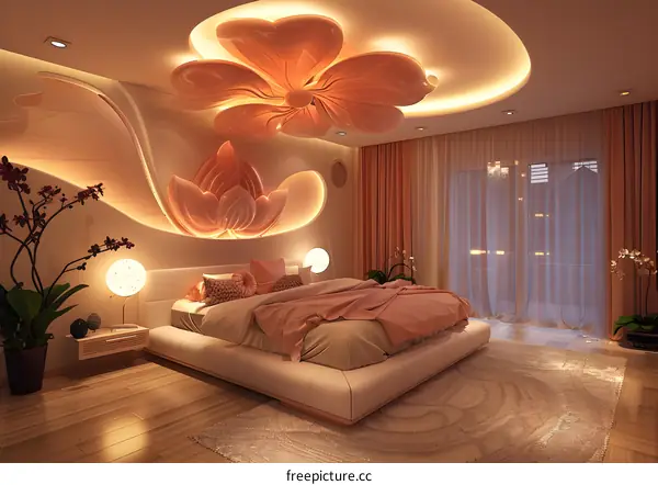 Bedroom With Pink Flower Ceiling