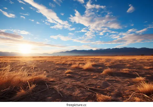 A vast arid desert landscape with mountains in the distance
