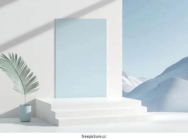 Minimalist Blue and White Product Display with Snowy Mountain Background