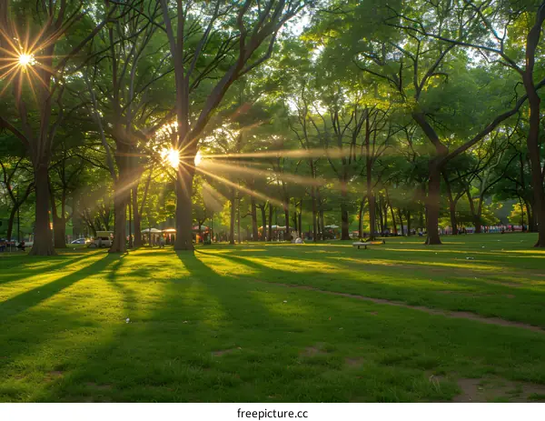 Sunlight Shining Through Trees In Park
