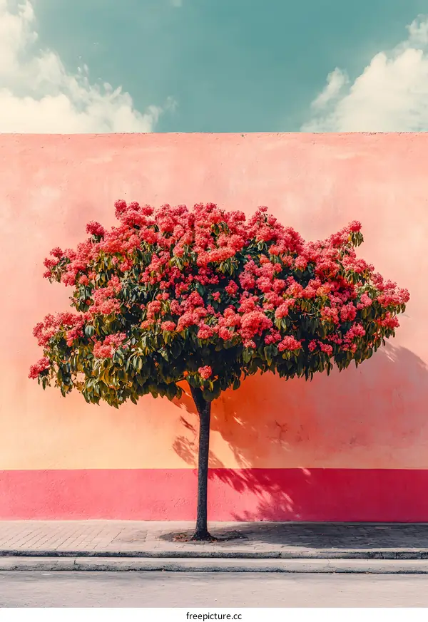 Pink Flowers Tree Near The Peach Wall