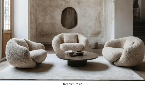 Modern Beige Sheepskin Armchairs in a Cozy Living Room