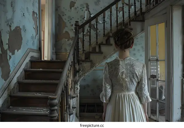 woman in white dress standing in front of staircase in abandoned house
