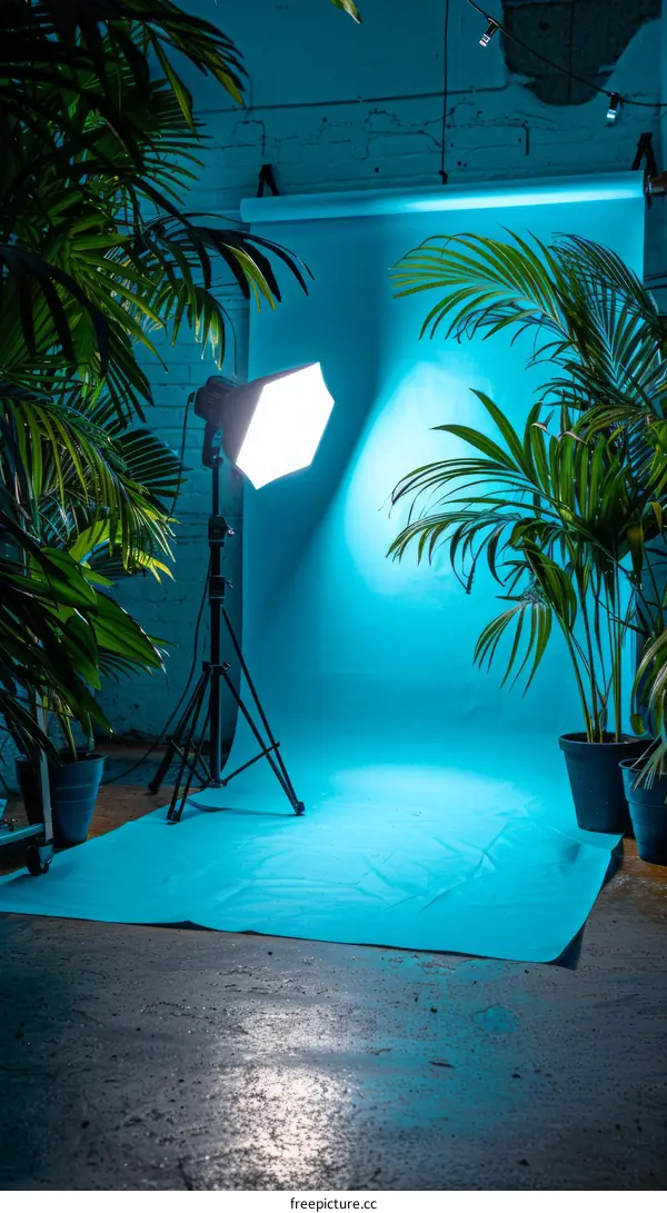 Blue room with palm trees and softbox