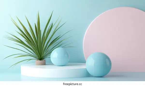 Pastel Minimalist Scene with Plant and Geometric Shapes