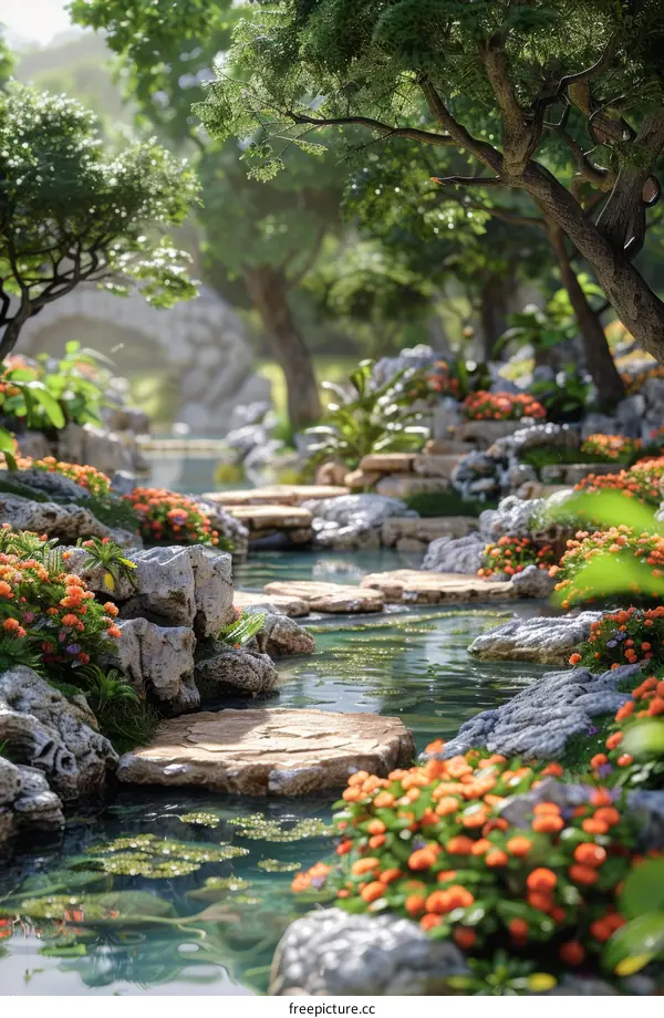 Tranquil Garden Stream Path Illustration
