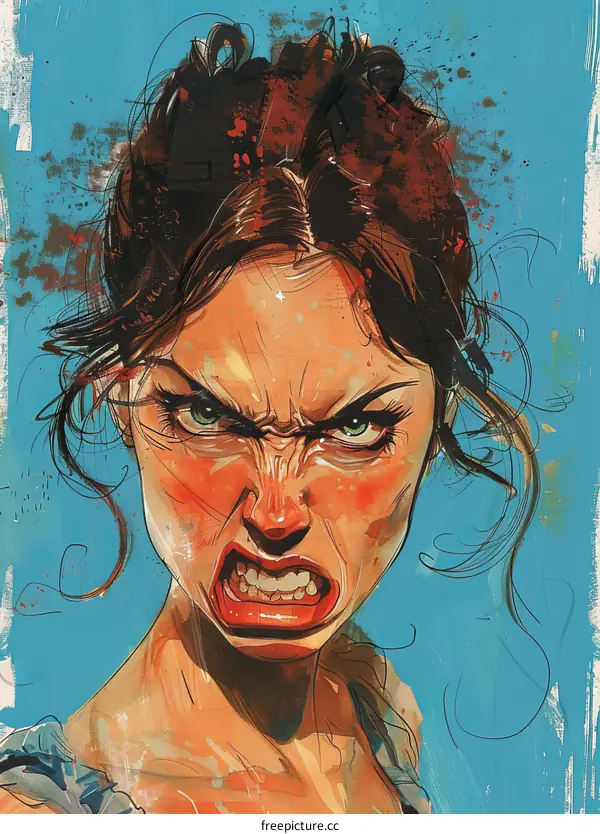 Angry Woman with Watercolor Effect and Blue Background