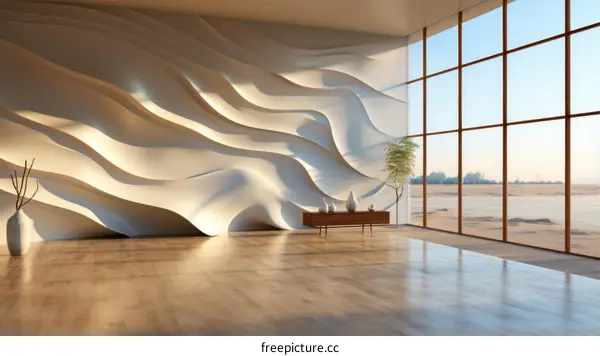 3D rendering of a modern interior space with a large window and a curved wall