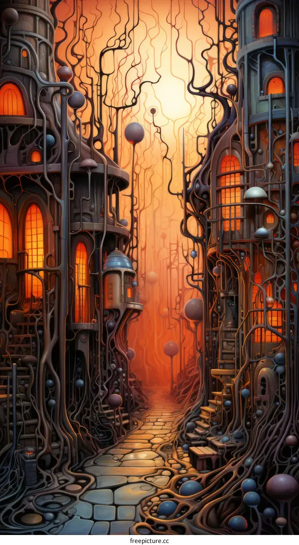 Surreal overgrown city street with strange buildings and glowing orbs